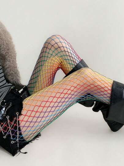 1 Pair Rainbow Fishnet Stockings, Sexy Hollow Out Pantyhose, Fashionable Women's Tights For Dates, Performances, Singles Parties, All Seasons