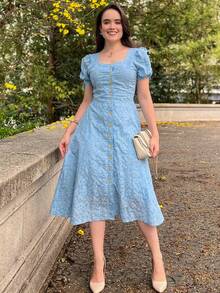 Women's Midi Dress, Casual, Elegant, Cotton, Daily - Baby Blue - View 6
