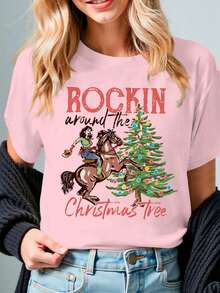 Playera navideña casual con estampado "Rockin Around the Christmas Tree", moderna, cómoda y divertida - Rosa - Ver 1