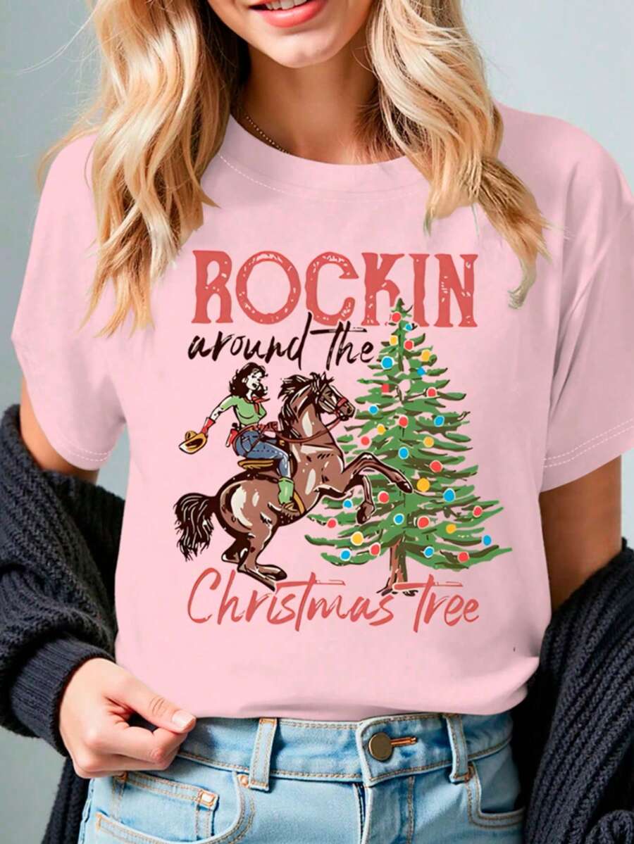 Playera navideña casual con estampado "Rockin Around the Christmas Tree", moderna, cómoda y divertida - Rosa - Ver 1