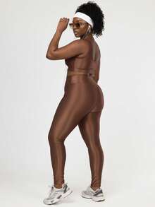 Plus Size Women's Ribbed Fitness Set Gym Top And Shiny Sports Leggings - Rust Brown - View 6