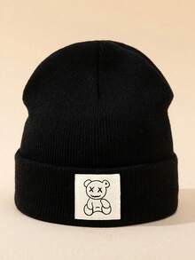1/2/3pcs Unisex Line Bear Print Knit Beanie Hat, Soft Warm Casual Outdoor Fashion Headwear, Suitable For Daily Wear