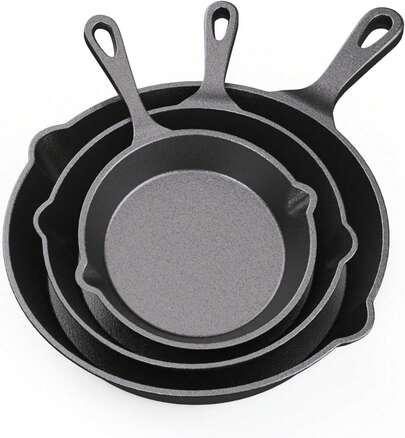 RAINBEAN Pre-Seasoned Cast Iron Skillet 3 Piece Set, Cast Iron Skillet Grill Pan With Handle For Grill, BBQ, Camping Fire, Stovetop, Kitchen And Camping Cookware