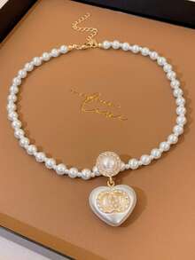 1 pieza Pendiente y collar de mujer con perla en forma de corazón - Combinación de joyas única y temperamental