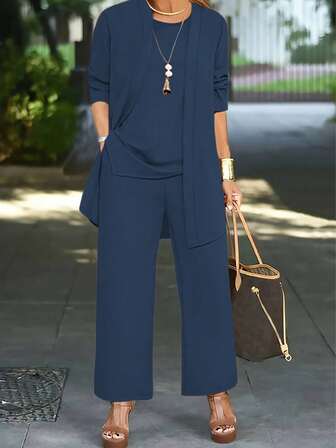 3 件套女士休闲纯色服装：夹克/开衫、无袖 T 恤、松紧腰直筒裤、春、秋、冬通勤套装