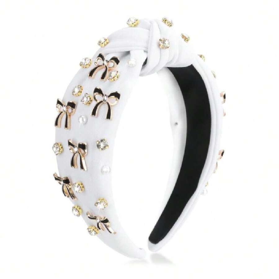 Coquette Bow Headband For Women, Rhinestone Crystal Pearl Embellished Wide Top Knotted Headband, Fashion Non Slip Preppy Hairband Hair Accessories Gift For Girls (White),24756039 - 白色 - 查看 1