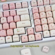PBT 键帽、MOA 轮廓键帽、可爱圆形 Kawaii 键盘键帽、粉色染料升华键帽套装、转移适合 MX 开关和 6.25U 空间、键盘键帽、不包括键盘、仅键帽套装。