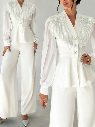 女士纯色优雅蕾丝拼接纽扣前襟办公休闲两件套