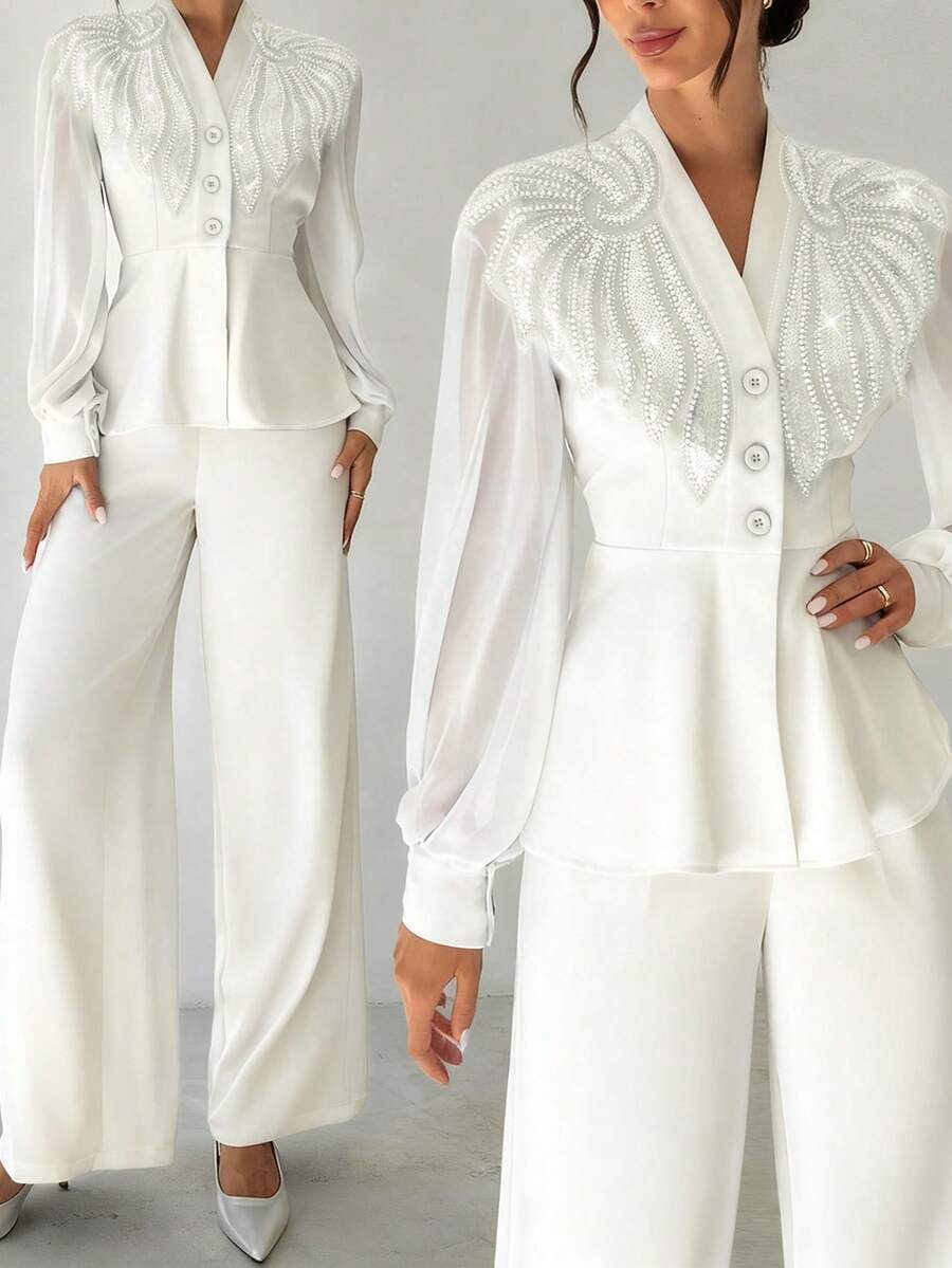 Women's Solid Color Elegant Lace Patchwork Button Front Office Casual 2-Piece Set - White - View 1