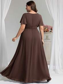 EVERPRETTY Đầm phù dâu cỡ lớn màu nâu cà phê thanh lịch, chất liệu chiffon, cổ tròn, tay bồng, thích hợp cho khách dự tiệc cưới mùa xuân hè, hoặc dành cho mẹ cô dâu. - màu nâu - Xem 3