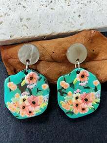 1 Paar elegante, handbemalte, asymmetrische Blumen-Ohrringe in Grün für Frauen, künstlerisch und retro, handgemalt, floral, natürliches Gefühl, geeignet für den täglichen Gebrauch von Mädchen, Ohrstecker weniger anfällig für Allergien (ohne Karton)