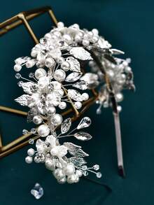 1pc Handmade Rhinestone & Pearl Bridal Headband, Silver Metal Women's Wedding Hair Accessory, Bridesmaid Gift - 銀色 - 查看 3