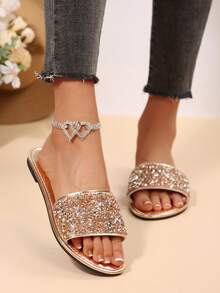 Damen Große Größen bequeme einfache Runde Zehe Cut Out Strass glänzende flache Slide Sandalen, Lässig Mode offene Zehe Strand Urlaub Sommer Schuhe - Champagnerfarben - Übersicht 5