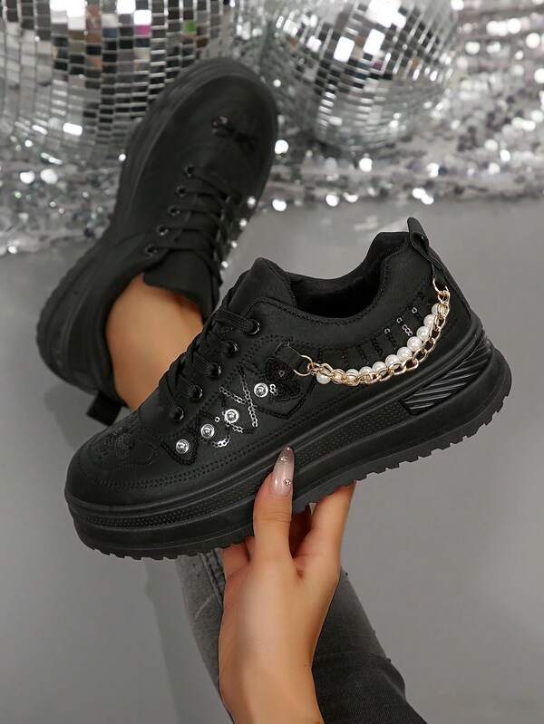 2.6 Inch Platform Women's Shoes, Spring/Autumn New Glitter Lace-Up Thick Sole Chunky Sneakers, Casual High Heel Wedge Shoes