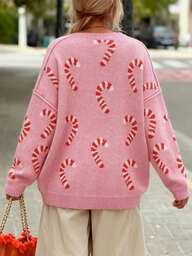 Plus Size Women's Pullover Sweater, Classic Christmas Red & White Candy Cane Pattern, Fashionable