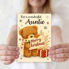 بطاقة تهنئة عيد الميلاد مع ظرف (11 سم * 16 سم) - بتصميم دب تيدي مصنوع بالكروشيه، مثالية للهدايا للخالة، مناسبة لاحتفالات عيد الميلاد وبطاقات التهنئة بالمناسبات