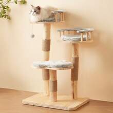 Solid Wood Cat Tree With Exercise Wheel, 4 Platforms, 2 Niches And Sisal Posts, Dimensions 80x40x152 Cm, Washable Scratching Mats, Activity Cat Tree - Grey + Wood - View 7
