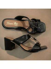 Women's Clogs With Thick Block Heel And Comfortable Insole - WOMEN'S SANDAL IN BLACK COLOR WITH MODERN DETAILS - 黑色 - 查看 7