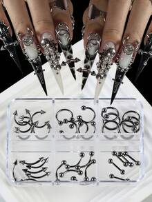 6 Grids Nose Nail Rivets Metal Tip Cone Punk Style Y2K Charms Set Metal Alloy Black Mixed Arrow Nail Jewelry Decorration 3D Nail Art Supplies For Nail Lovers 30pcs/Box