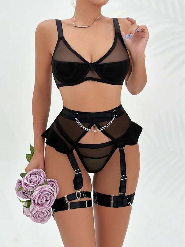 Conjunto de lencería sexy para mujer que incluye sostén con soporte de acero, faja portaligas y braga bordada con flores, un conjunto de 3 piezas