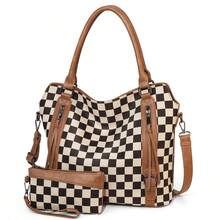 Vintage Checkered Tote Bag For Women, Large Hobo Bags For Women, Multiple Pockets Tote Handbags, Large Capacity Bag For Work Everyday Bag Versatile Daily Commuting Bag - 彩色 - 查看 12
