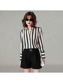 夏季女装初秋竖条纹女衬衫小立领V领长袖衫时尚优雅法式女装通勤上衣 - 黑與白 - 查看 15