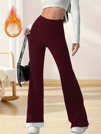 Women's High Waist Flare Pants, Thermal Lined Thick Warm Yoga Pants, Casual Sports Leggings