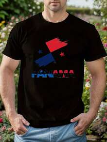 Camiseta de hombre con estampado geométrico de Panamá - Manga corta casual, poliéster transpirable, lavable a máquina - Perfecta para el verano - Negro - Ver 2