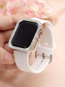 Compatible With Apple Watch Band And Compatible With Apple Watch Case Cover, Soft & Comfortable Ultra-Thin White Silicone Compatible With Apple Watch Band, Suitable For Outdoor Sports, Fitness, Yoga, Waterproof & Sweat-Proof Compatible With Apple Watch Ultra 3/2/1 SE /S10/S11/S9/S8/S7/S6/S5/S4/S3/S2/S1, Comes With Shiny Double-Row Rhinestone Electroplated Silver Protective Case Cover
