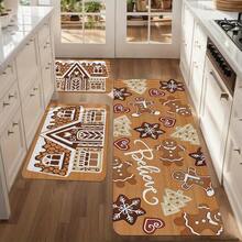 Christmas Gingerbread Man Pattern Kitchen Mat Set, Anti-Fatigue Anti-Slip Flannel Carpet, Suitable For Sink, Bedroom, Living Room, Dining Room, Easy To Clean, Stain Resistant, Made Of Polyester, Machine Washable - Multicolor - View 2
