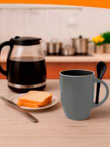 Caneca 380ML De Cerâmica Resinada Alta Qualidade Com Colher Café Chás Bebidas Várias Cores - Cinza Claro - Visão 4