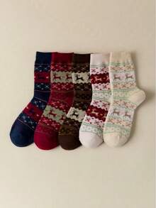 5 双女士圣诞驯鹿图案百搭中筒袜，秋冬款 - 彩色 - 查看 6