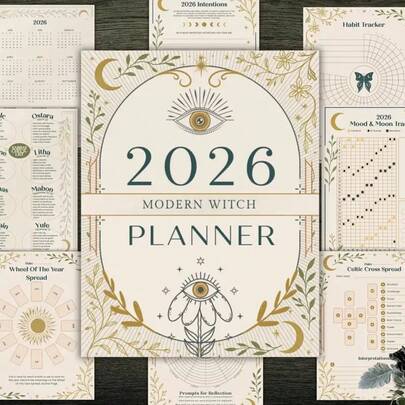 2026 Modern Witch Planner Book & Magic Journal - Gothic Wiccan Astrology & Tarot Guide, Includes Moon Phase Tracker, 118 Undated Large Size (A5 & A6 Compatible) - Hardcover, Elegant Green & Gold Design, Ideal For Wiccan Lifestyle, Spell Planning, Daily & Monthly Tracking - Perfect Gift For Witches & Spiritual Seekers