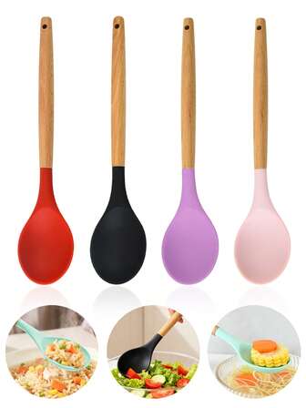 1 pezzo Cucchiaio mescolatore in silicone antiaderente, cucchiaio da minestra in silicone con manico in legno, cucchiaio da cucina, cucchiaio in silicone, paletta per saltare resistente al calore, cucchiaio da minestra a manico lungo, cucchiaio per il riso, cucchiaio per insalata, cucchiaio da tavola