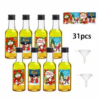 31pcs/5pcs Mini Christmas Wine Bottles. Beverage Dispensing Bottle,Plastic Material. Comes With Labels And A Lid. It Can Be Used To Hold Chili Sauce, And Also Serves As A Decorative Small Wine Bottle. It Is Suitable For Christmas Gatherings, Picnics, And Anniversaries.