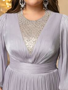UNITHORSE Plus Size Women Round Neck Lantern Sleeve Rayon Handmade Beaded Embellished Fitted Maxi Evening Dress Wedding Spring Party - Mauve Purple - View 4