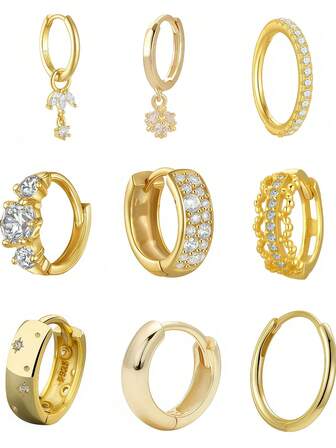 1 pieza Pendientes de aro con flor, estrella y luna chapados en plata 925 y oro 18K con circonita cúbica, dulces y de moda, pendientes de lujo delicados, estilo minimalista Mori