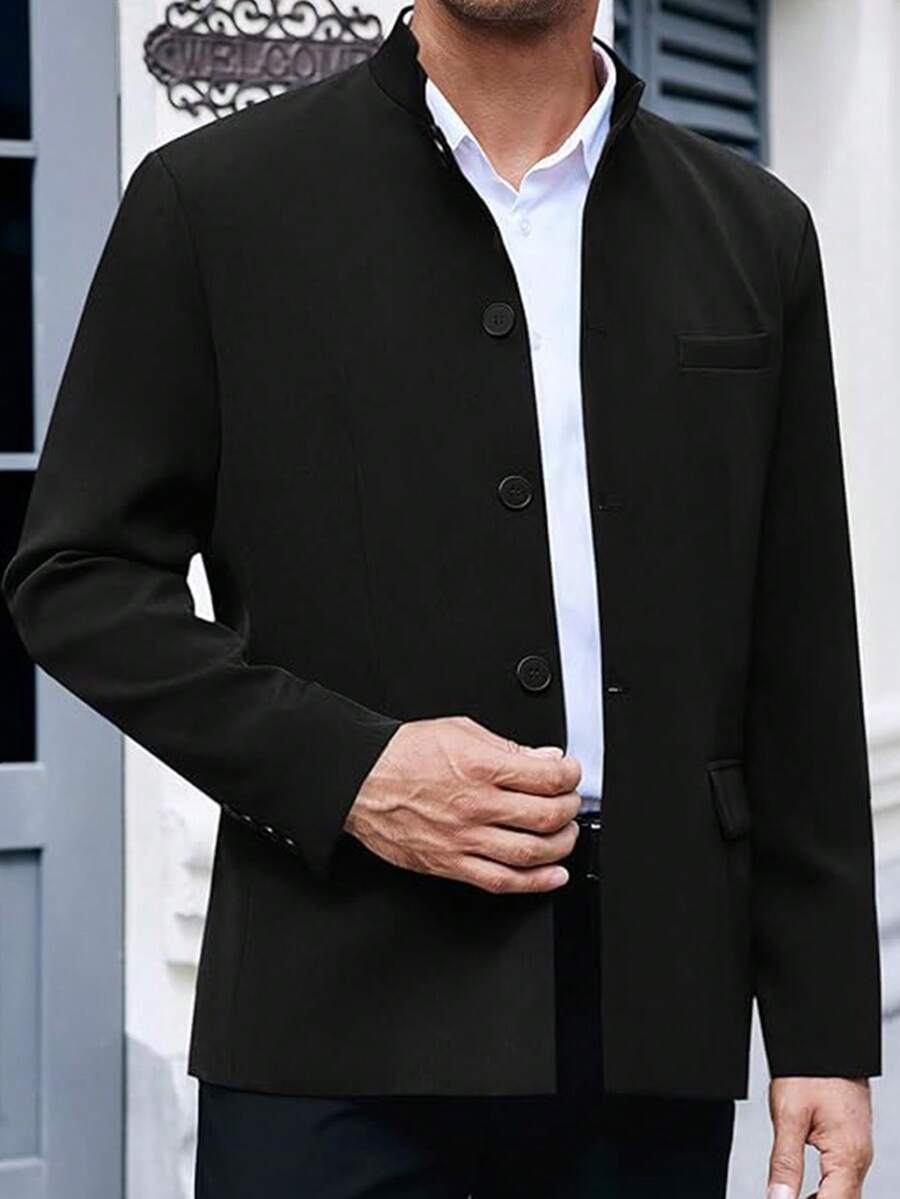 RANTAR Mens Casual Suit Blazer Jackets Stand Mandarin Collar Lightweight Lined Business Dress Sport Coats - 黑色 - 查看 1