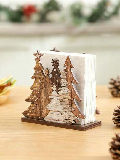 1pc Christmas Tree Napkin Holder - 2D Flat,Rustic Wooden Tabletop Decor With Festive Pine Tree Design, Easy-To-Install Paper Towel Dispenser For Holiday Dining, Perfect Holiday Gift, No Electricity Needed, Christmas Decorations, Christmas Decoration, Home Decor Item, Vintage, Wall Decor, Apartment Decoration