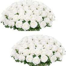 50PCS Large Velvet Artificial Roses 4.14" Real Touch Long Stem Fake Flowers In Bulk For Flower Arrangement, Wedding, Home & Party Decor (White) - White Velvet Roses - View 1