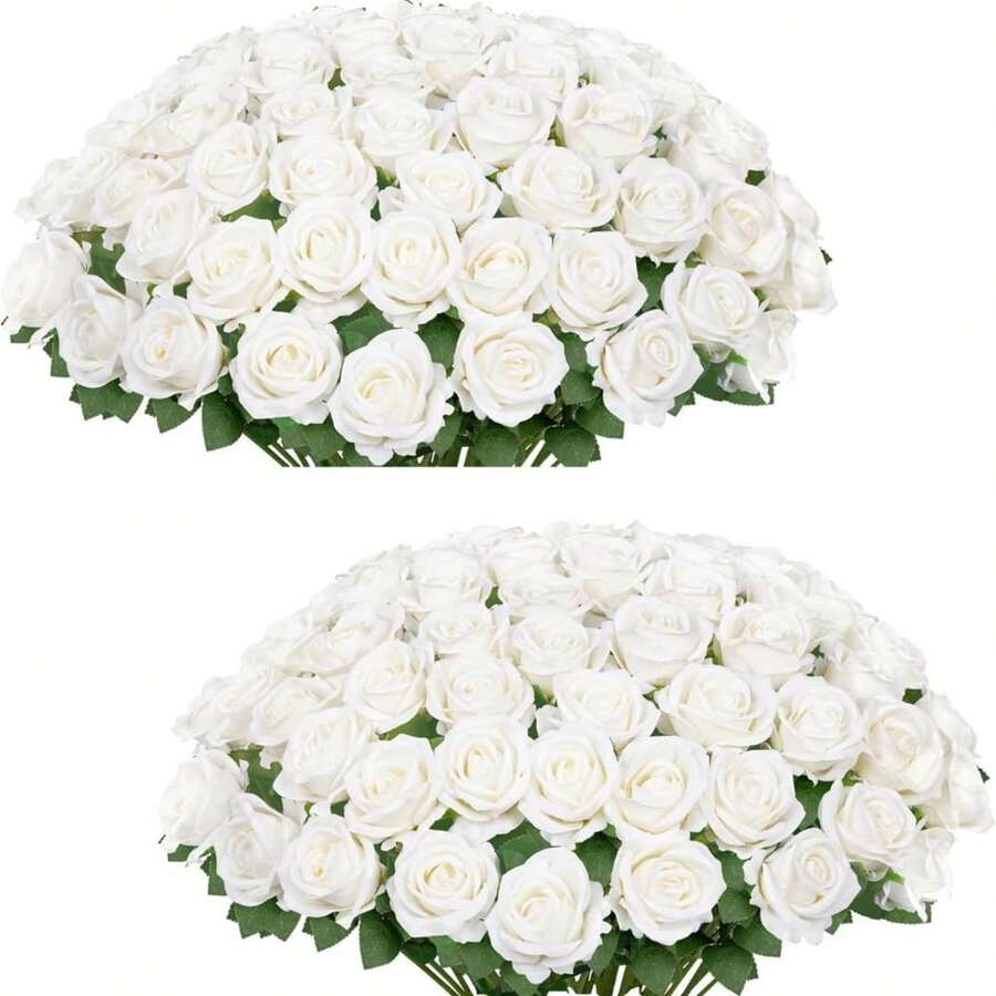 50PCS Large Velvet Artificial Roses 4.14" Real Touch Long Stem Fake Flowers In Bulk For Flower Arrangement, Wedding, Home & Party Decor (White) - White Velvet Roses - View 1