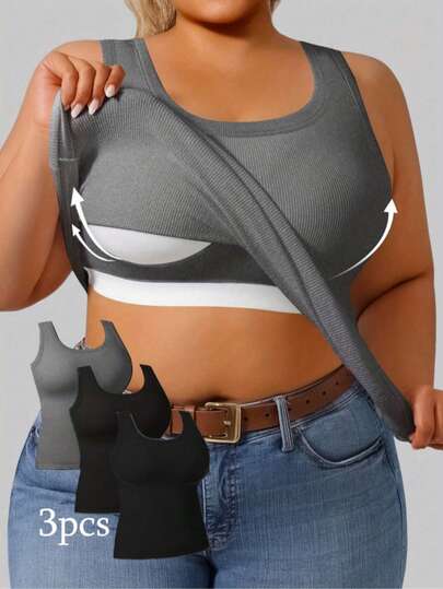 3 件套加大码女式 U 领吊带背心，加厚、修身、纯色、可叠穿或外穿