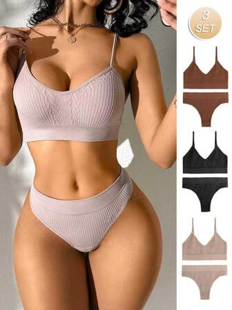 3件套无缝舒适透气无钢圈文胸和菱形针织丁字裤内衣套装