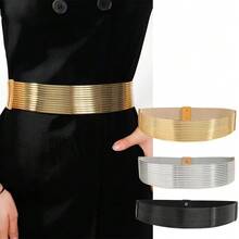 1pc Decorative Dress Belt, Gold Metallic Elastic Waist Cincher, Versatile Accessory For Casual Dresses, All Season - Đai sắt sọc - Xem 6