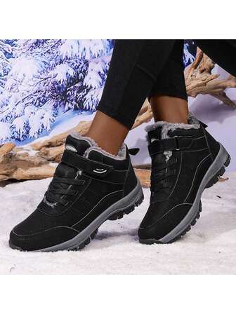 Vintervarma plyschsnökängor för äldre män och kvinnor, halkfria vadderade skor för medelålders och äldre, bekväma promenadskor i svart