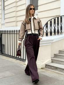 Khaki Suede & Shearling Paneled Moto Jacket, Daily Commute Fashion Warm Outerwear For Women - Khaki - View 3