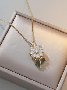 Vintage Mixed Style Sunflower Rotating Necklace Set, 360 Degree Rotating Emerald Flower Ring With Titanium Steel Inlaid Zirconia And Enamel Colorful Stone, Women Jewelry Accessories For Daily Wear/Party