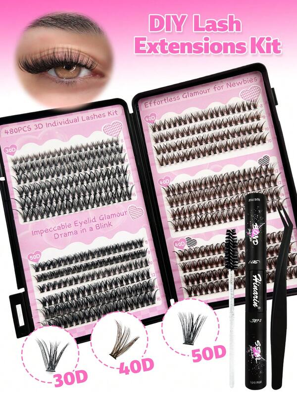 Hinarin 480 Pcs D Curl Natural Lashes Extension Book Kit 30D+40D+50D Large Capacity Individual Lash Extensions Cluster Book Black And Brown Colorful Eyelash Extension 8-16mm Fluffy Clusters Eyelashes Book Set With Lash Brush Tweezers Glue And Seal For Parties And Festival Christmas Makeup Random Delivery