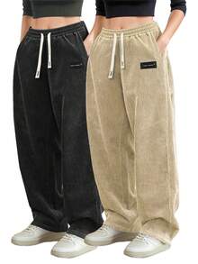 2pcs Women's Corduroy Casual Pants With A Drawstring Waist, Back Pockets, And A Fashionable Letter Label, Suitable For Everyday Wear - 黑色+卡其色 - 查看 2