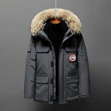 Men's 2025 Winter Canada Down Jacket For -20 ° C Extreme Cold, Canadian Style Plaid Pattern Coat, Thermal Insulated White Duck Down Overcoat, Waterproof Windproof Couple Matching Outerwear, Heavy Duty Parka With Hood - 深灰色(真毛領) - 查看 1